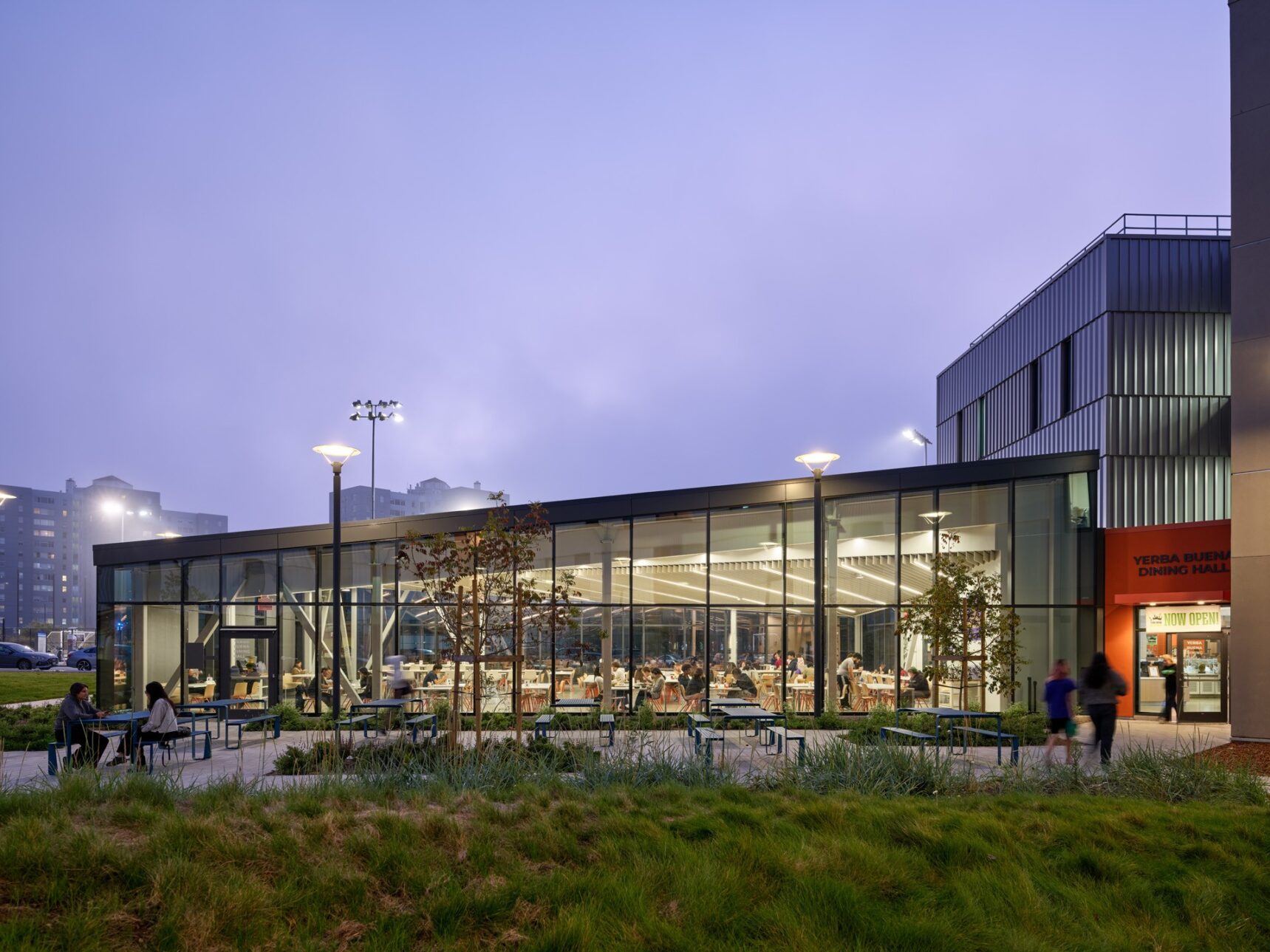 SFSU dining hall outside at dusk