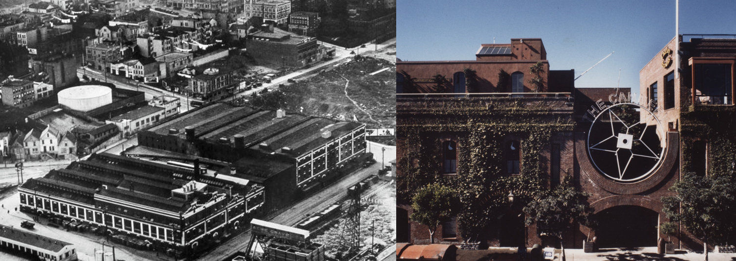 split photo; to the left, a black and white image of a building from above; to the right, a modern day image of the same building, with significant renovations
